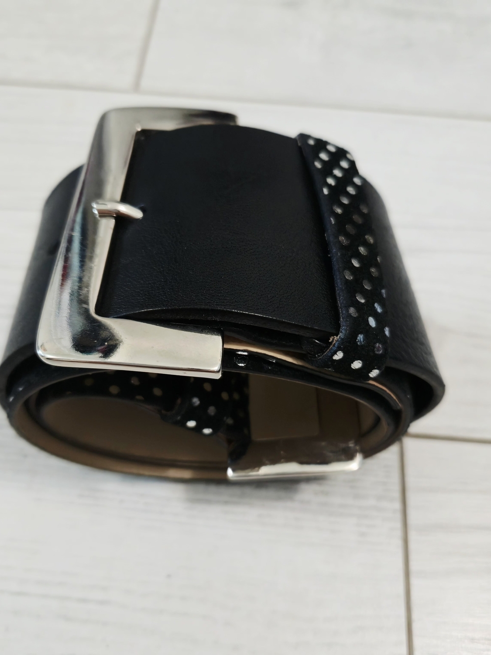 Garuglieri Italian Leather Black Studded Double-Buckle Waist Belt/ Silver Size L